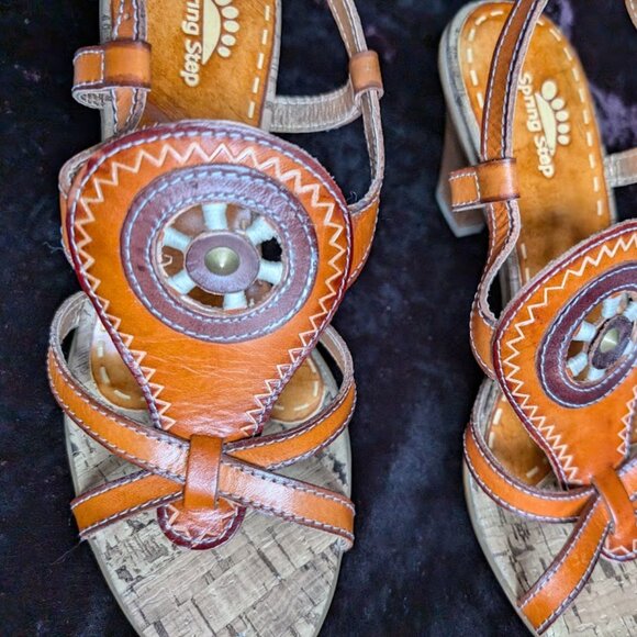 LIKE NEW Western Rodeo High-heel Sandals Medicine Wheel Leather Cork Spring Step - Picture 13 of 16